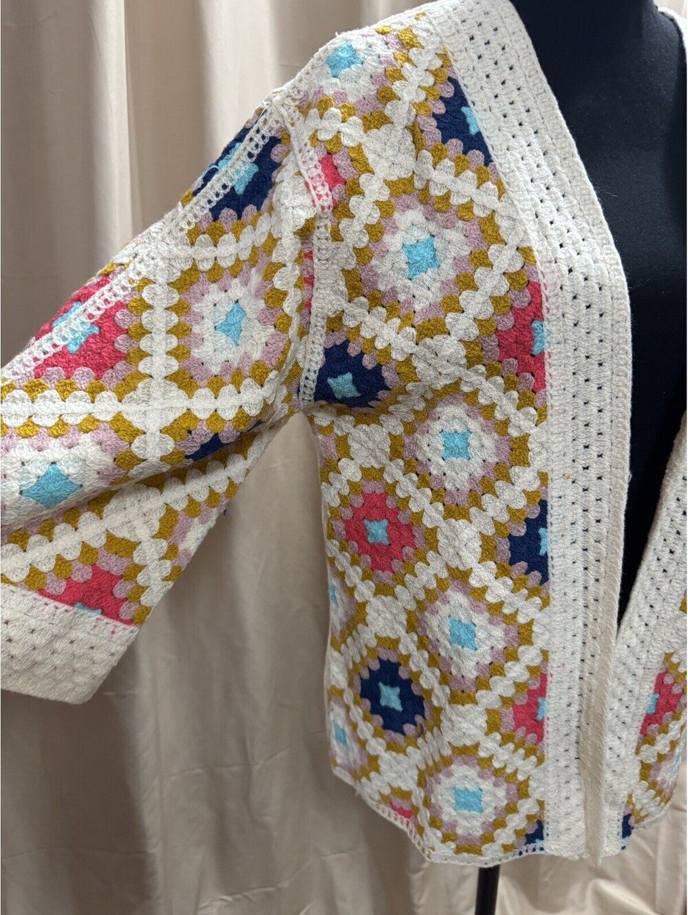 AZ Granny Square Crochet Cardigan Women M Multicolor Boho Open Front Sweater - Picture 4 of 13